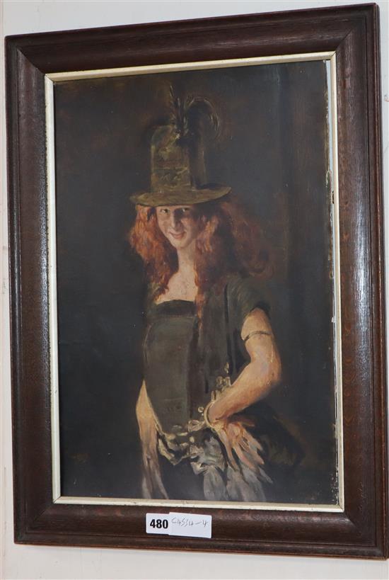 Manner of William Orpen, oil on board, Portrait of a young Irish woman, possibly an overpainted print, 48 x 33cm